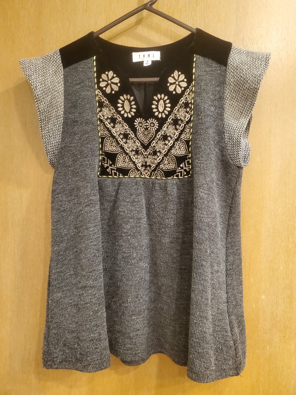 THML Gray Knit Tunic with Black Velvet Gold Floral Yoke